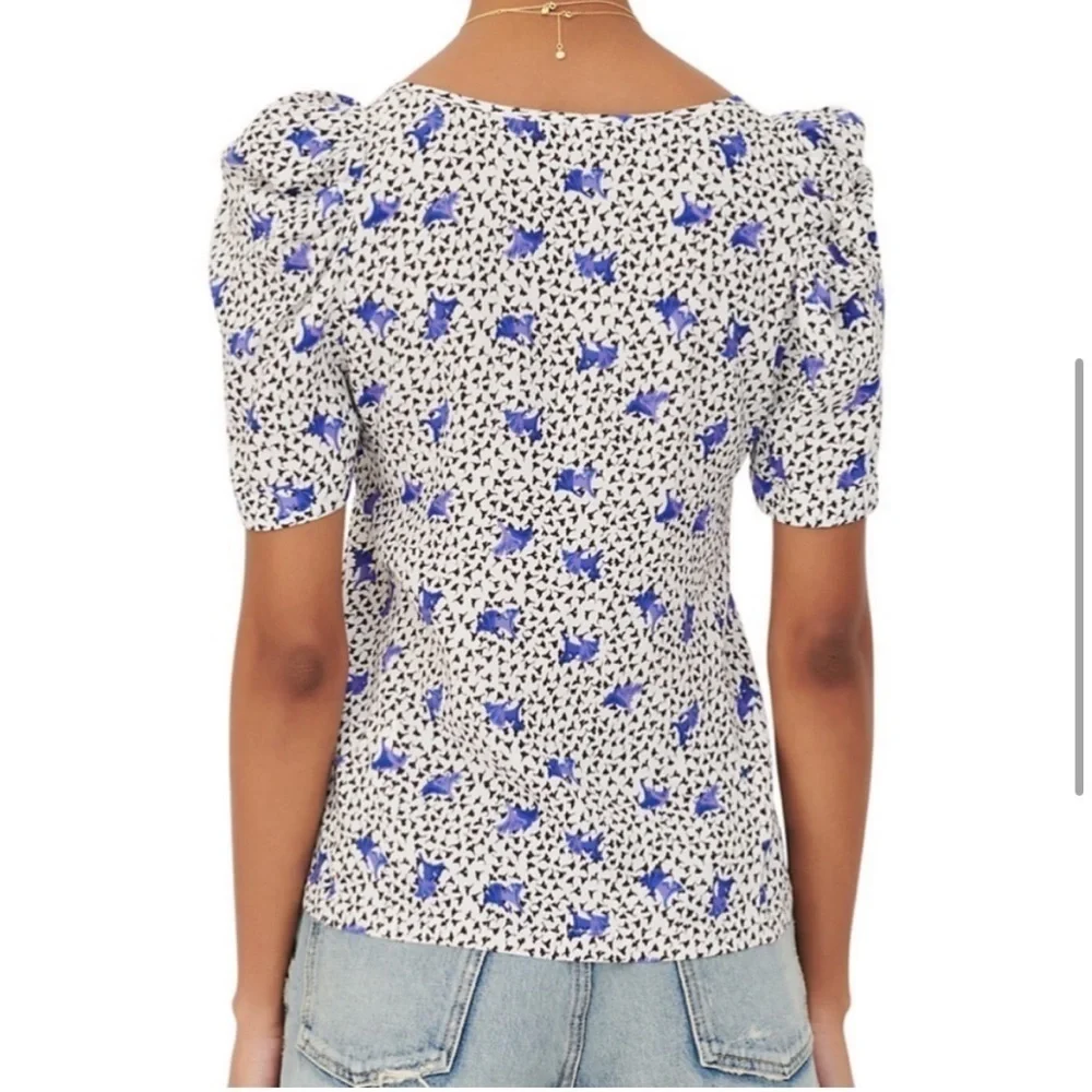 MAJE Lensam Floral Leaf Blue/White V-neck Short Puff Shoulder Blouse Size Small